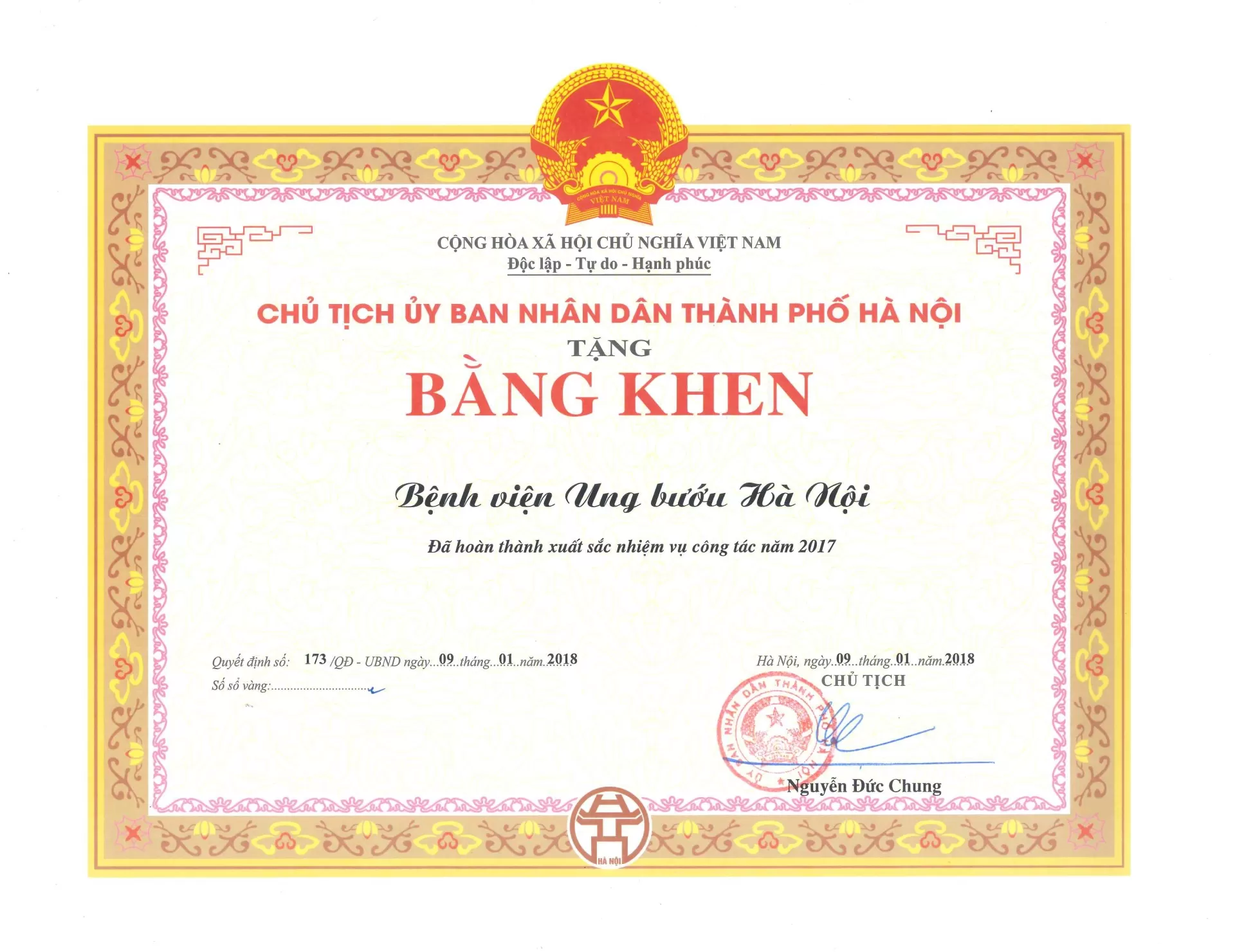 Bằng khen của UBND Thành phố về thành tích công tác năm 2010, 2012, 2013, 2015, 2017, 2018